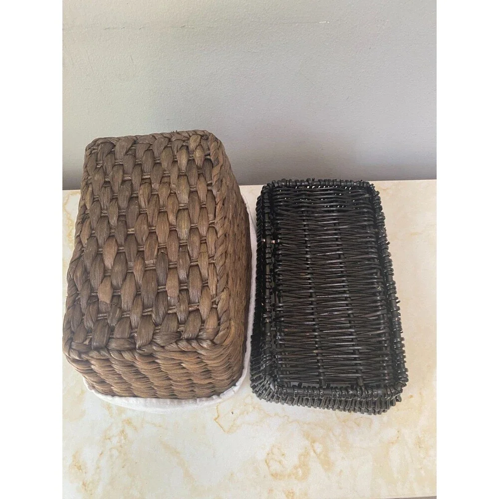 Set of 2 Vintage Cottagecore Dark Brown Wicker Basket Rattan, Linen/Cotton lined
